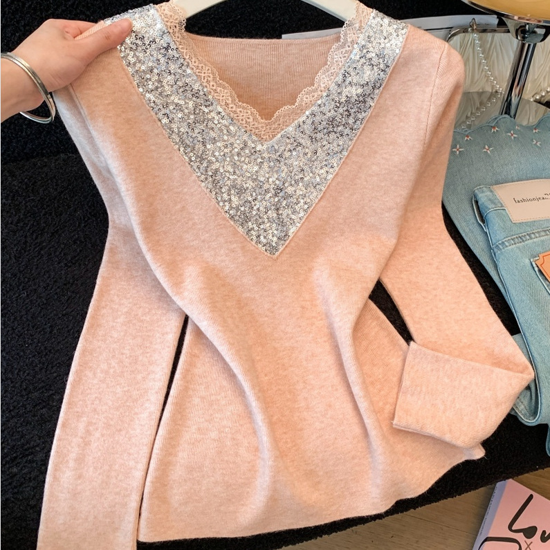 Unique design, sparkling sequin knit sweater, perfect for layering in autumn and winter 2026, with lace trim and beaded details