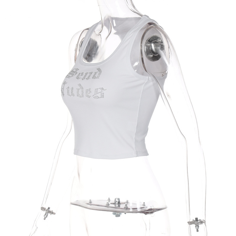 Women's Sexy U-Neck Sleeveless Short Vest Casual Fashion American Style Spring Summer Rhinestone Detail_ecoleips.com