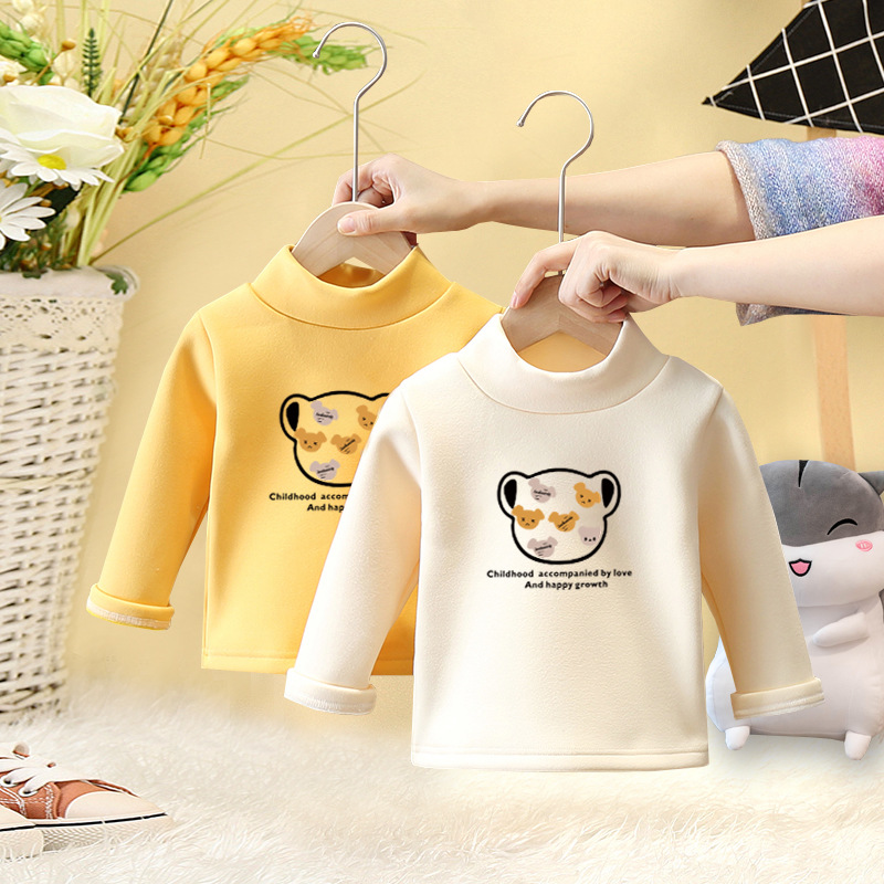 2023 otoño e invierno nuevos niños de terciopelo camisa de fondo estilo occidental medio cuello alto manga larga bebé niña dibujos animados camiseta interior moda