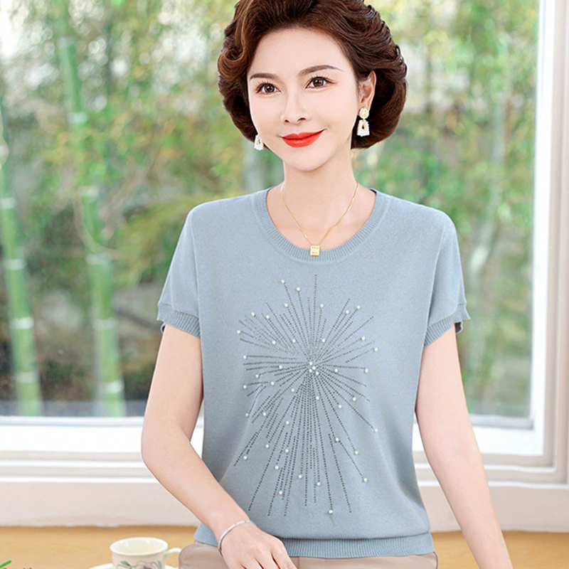 Летний новый стиль для людей среднего и пожилого возраста, пуловер с круглым вырезом, трикотажный топ из ледяного шелка, футболка с короткими рукавами из бисера, одежда для мам.