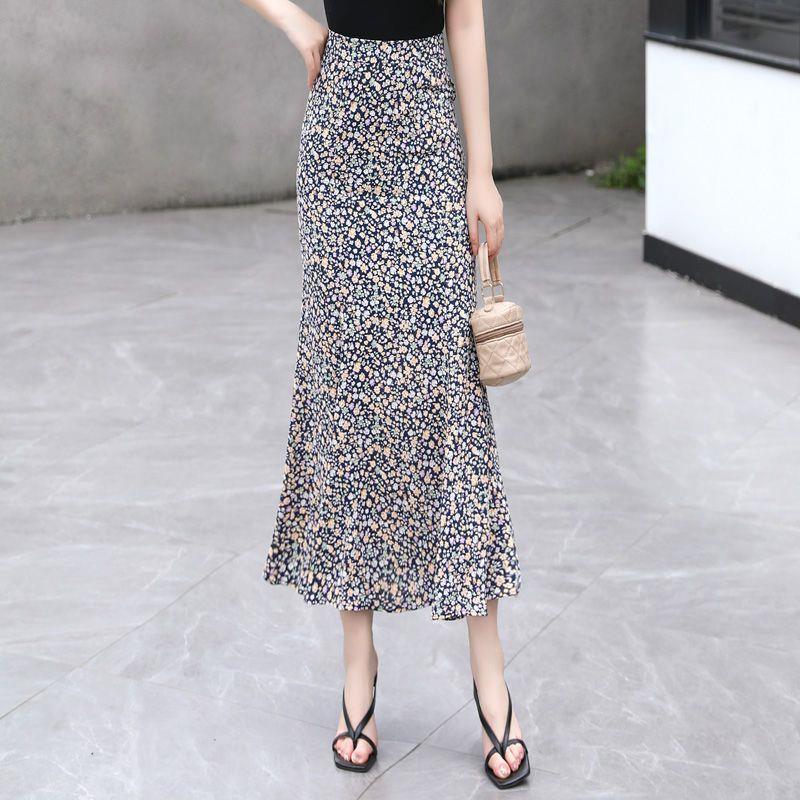 Spring and Summer in stock Women's High Waist Hip Skirt Floral Long Skirt Thin A- line Fishtail Skirt Long One-step Skirt