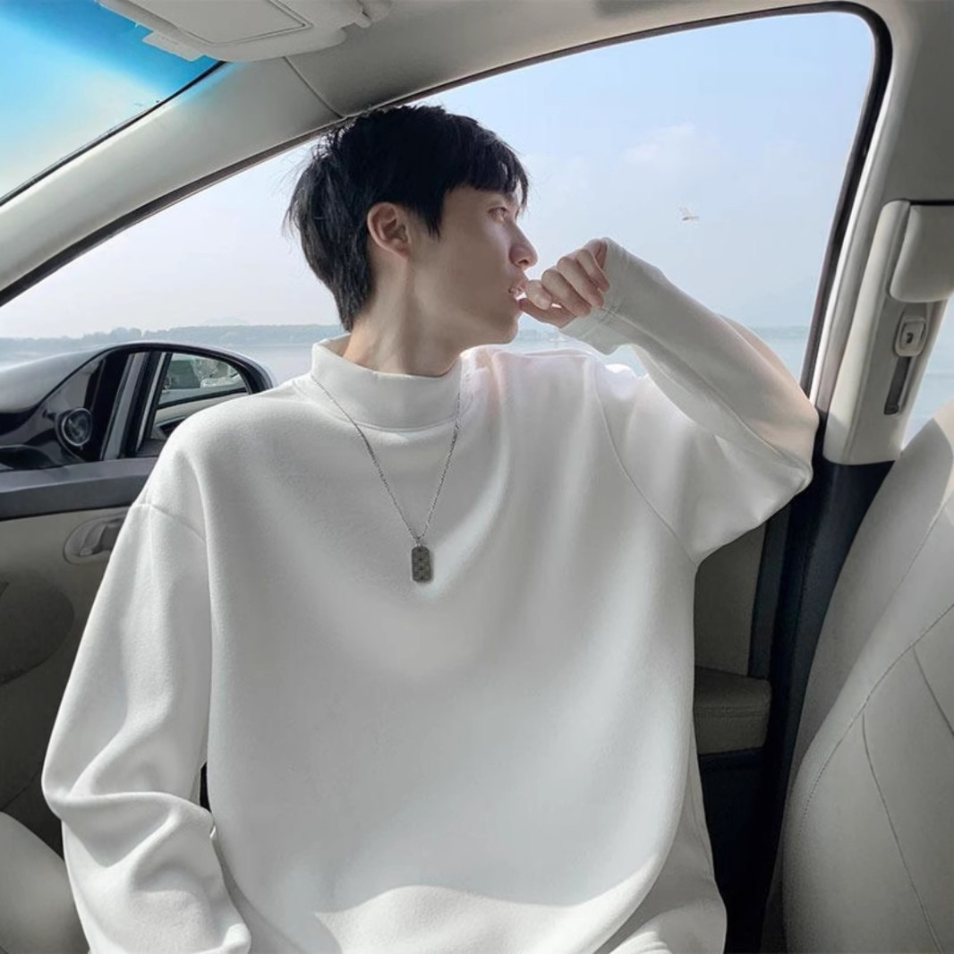 높은 칼라 단색 긴 소매 티셔츠 남자의 느슨한 2024 가을 및 봄 새로운 유행 브랜드 독일 벨벳 따뜻한 캐주얼 베이스 셔츠 잘 생긴