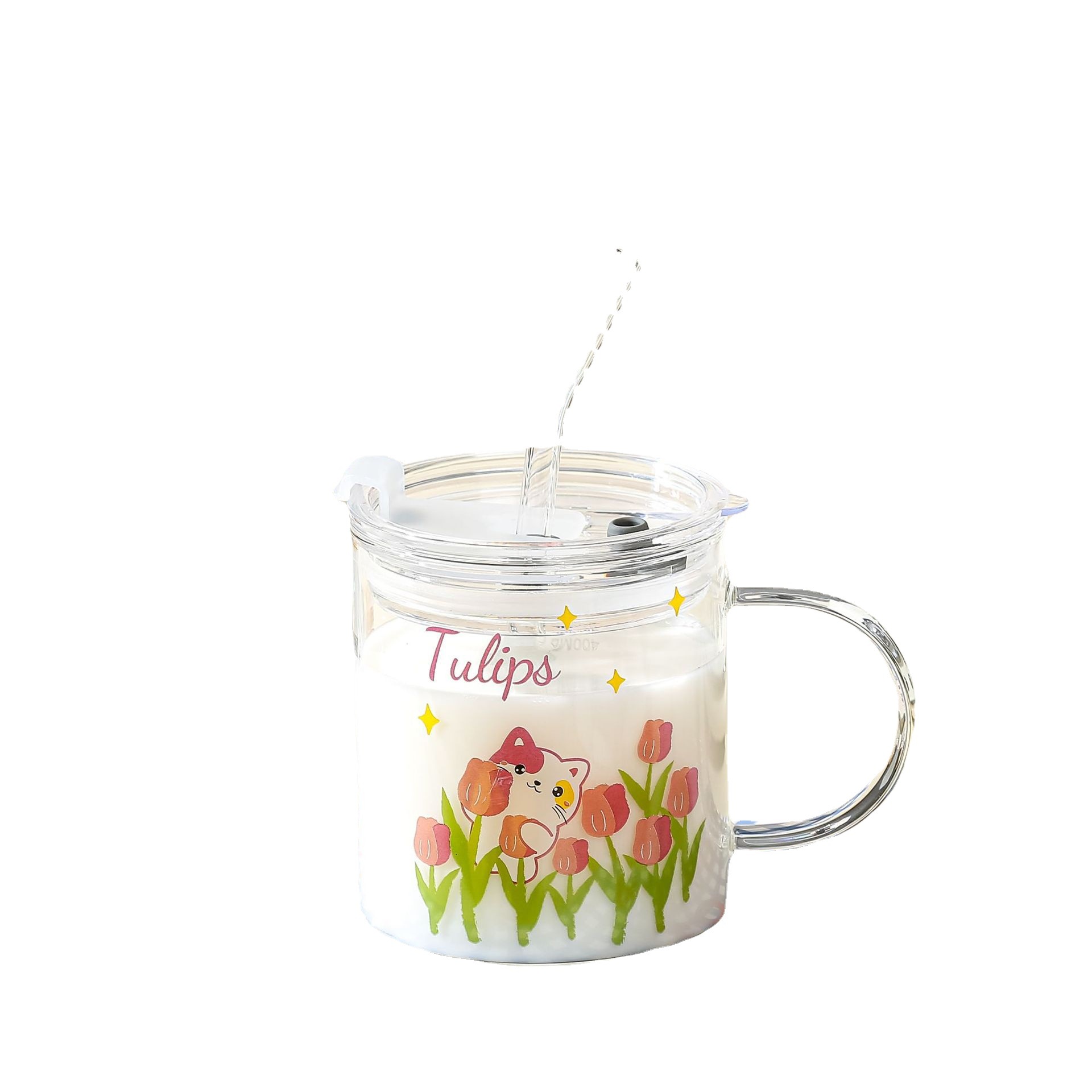Chica creativa corazón tulipán paja de vidrio con tapa escala regalo desayuno lindo gato taza leche