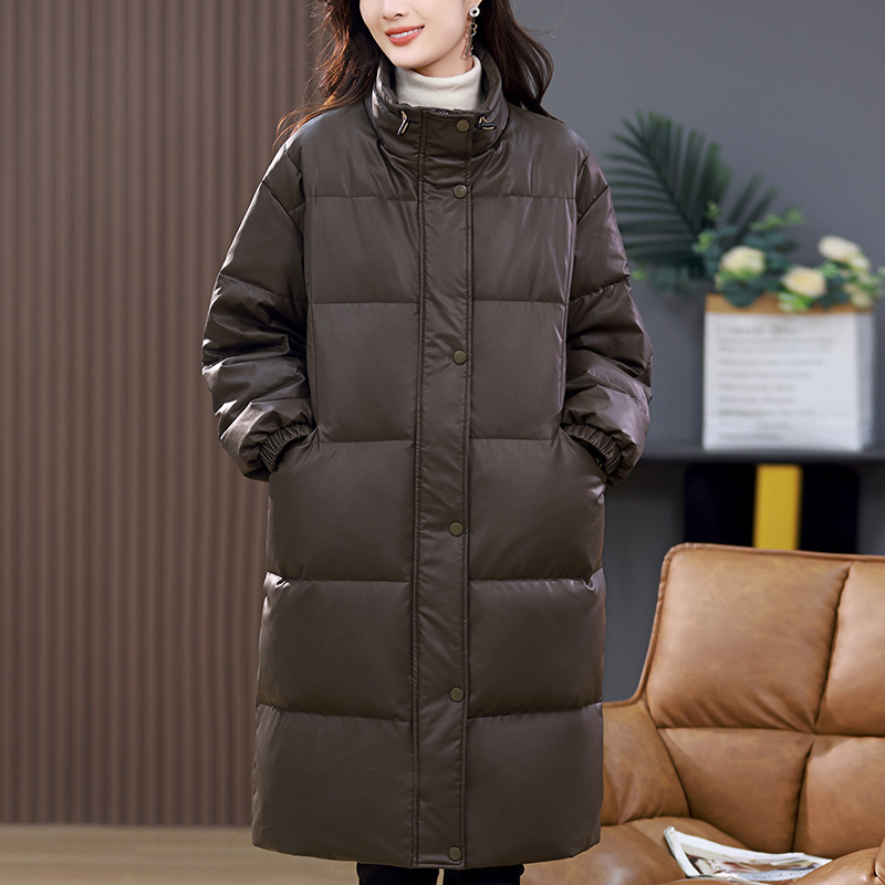 PU leather down jacket 2024 winter new middle-aged mother plus size high-end big white duck down thick long coat