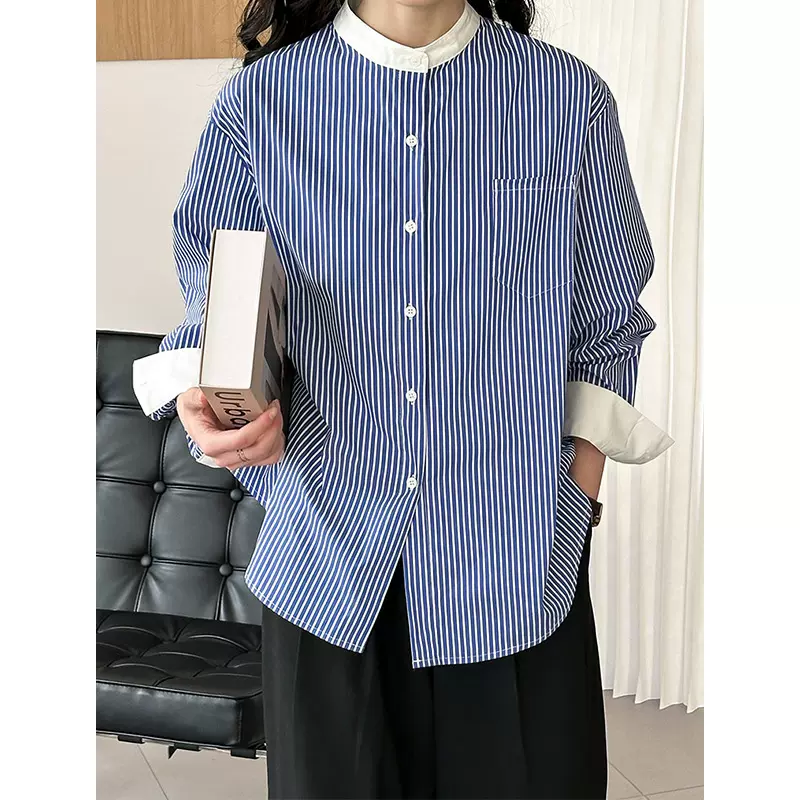 橘芷2025早秋韩系蓝色条纹衬衫女款休闲时尚宽松设计感衬衫1213