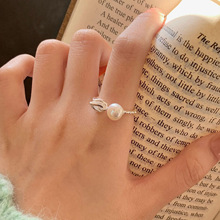 赛伊娜实拍韩国明同款S925绳结天然珍珠戒指ins冷淡风手工银饰