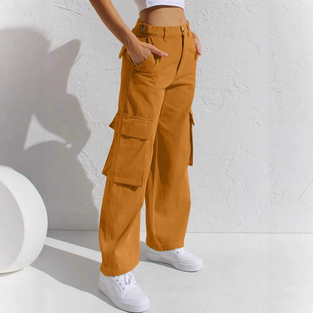 Европейские и американские трансграничные поставки женских джинсовых брюк с прямыми карманами и разноцветным дизайном для работы.