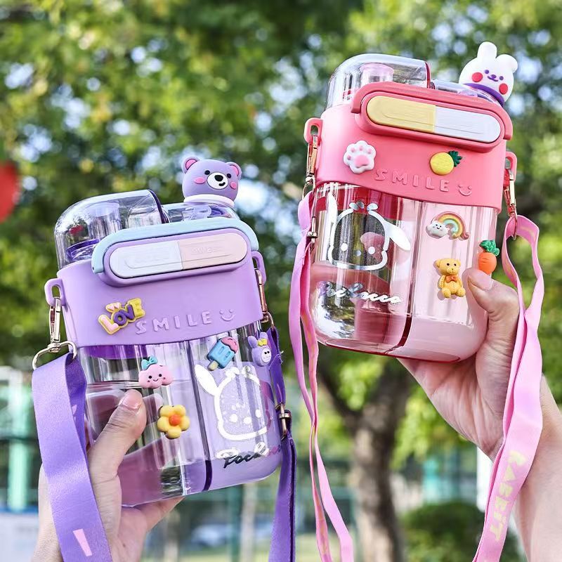 New Two-In-One Double-Drink Double-Cup Cup with Large-Capacity Straw Cup for Girls and Children Going to School, Cute and Resistant to Falling