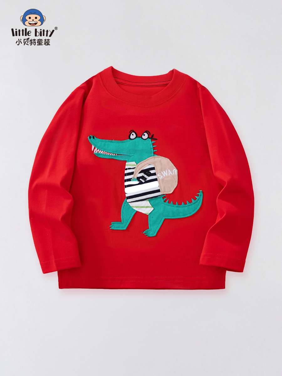 Children's Clothing 2025 Spring and Autum Kidsren's Red Long-Sleeved T-Shirt Cartoon Pattern Factory Supply One Piece Wholesale
