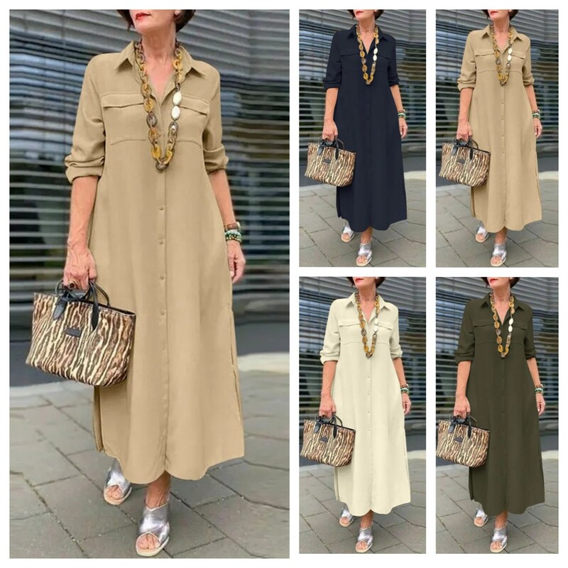 2025 Amazon Aliexpress Cross-Border Takeaway Women's New Elegant Solid Color Long Sleeve Button Lapel Plus Size Dress