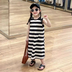 童裝女童連衣裙2024夏裝針織黑白條紋背心裙無袖公主裙時尚童裙子