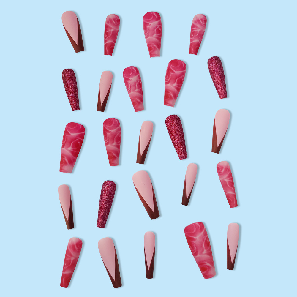 Uñas postizas retro color rojo vino con brillo, estilo Y2K, dulce y moderno, manicura francesa que realza el blanco, 24 piezas, pegatinas para uñas, lote mixto image 4