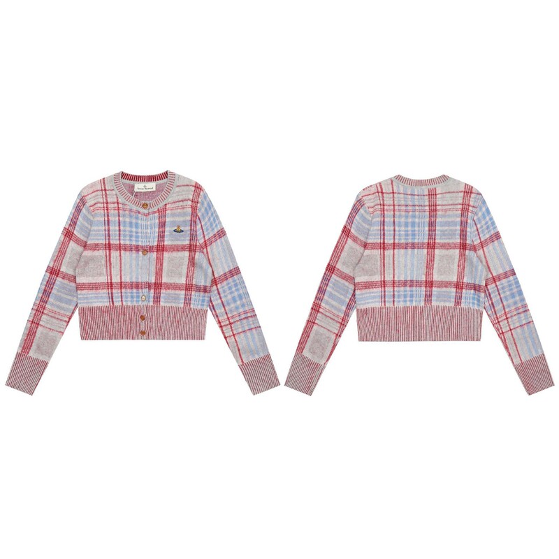 2024 Vivi Queen Mother Vv Ann Saturn Love Plaid Woven Bag Color Knitted Cardigan Sweater Wool