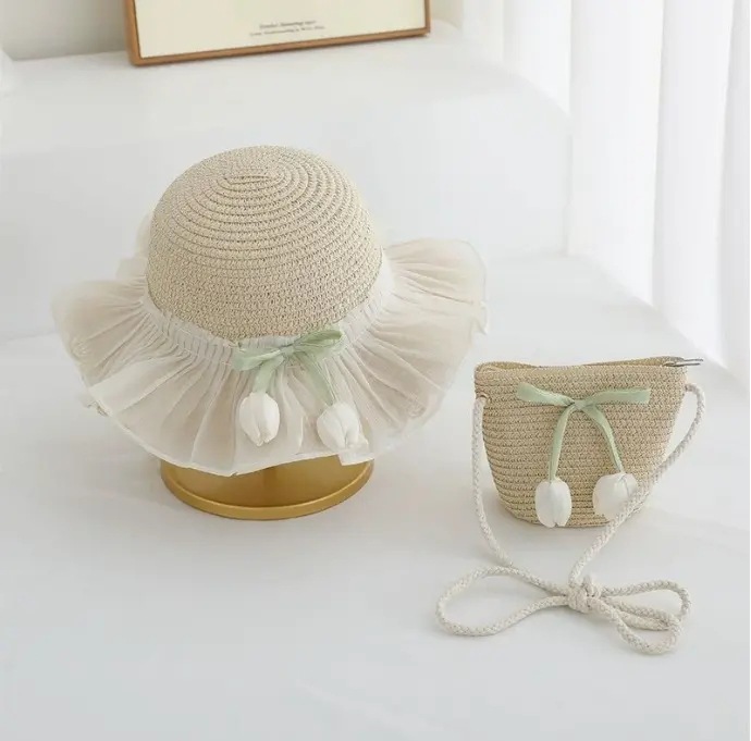 Sombrero de paja para niña de verano Estilo de verano Princesa Playa Protector solar Sombrero grande Sombrero de pescador de tulipán Sombrero de paja