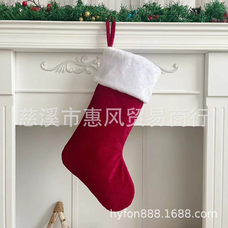 跨境新款圣诞袜红色仿皮绒装饰袜20英寸白边毛绒袜糖果礼物袋|undefined