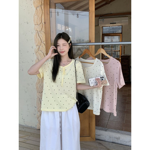 Feiqi Qi 2025 Summer New Plus-Size Bow Polka Dot Short-Sleeve Knit Top Korean French Style Age-Reducing