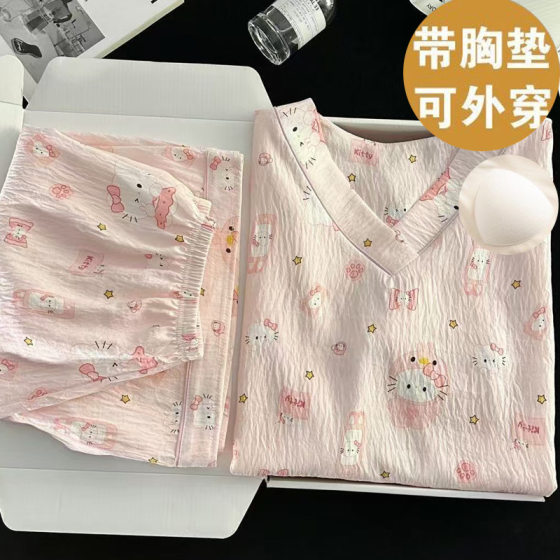 Women's Cute Pajamas with Chest Pad Summer Short-sleeved Cloud Cotton Crepe suit Ins Princess Style Sweet Home Clothes