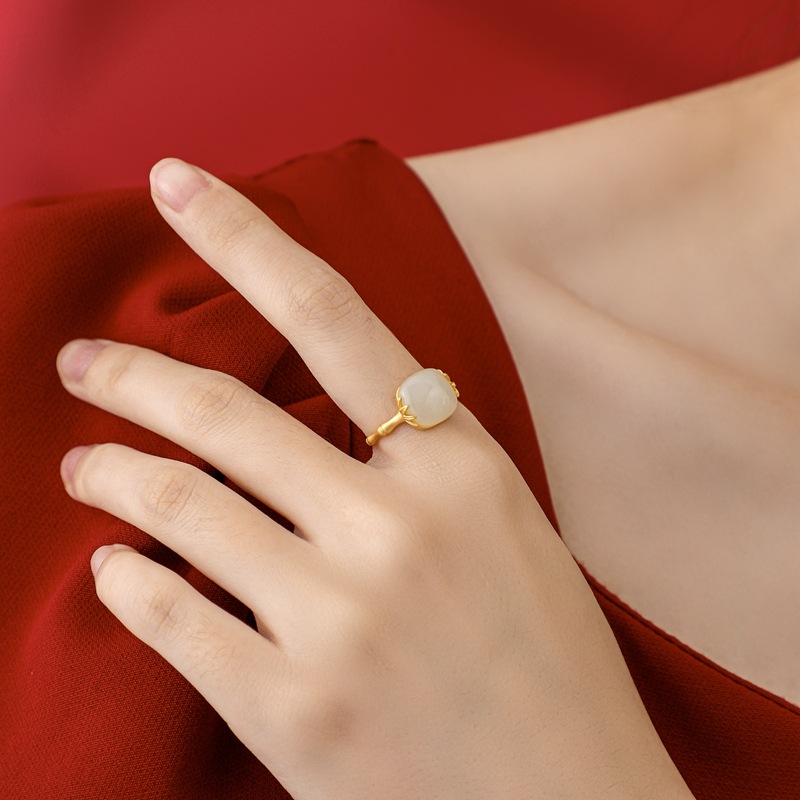 S925 Sterling Silver Gold Plated Hetian Jade Sapphire Retro Bamboo Ring
