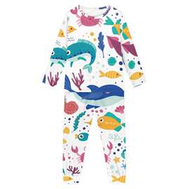 海豚大象树懒樱桃印花女童睡衣套装 厂家直供男童家居服一件代发