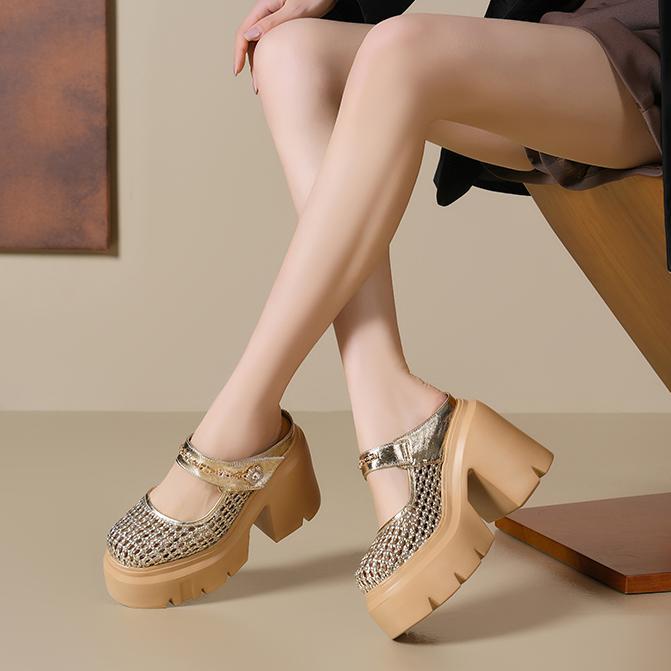 Sandal bít mũi đế dày 12cm tăng chiều cao, dệt lưới rỗng, dép lê cao gót Muller — Màu đen, Màu vàng nhạt, Màu trắng