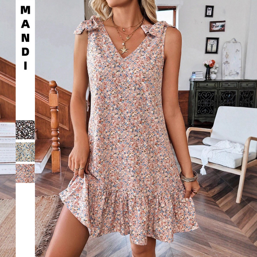 2026 Amazon Spring and Summer New Tk Cross-Border European and American Clothing V Neck Bow Floral Vest Dress