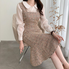 韩国chic 气质复古毛呢2025秋冬新款背带连衣裙女
