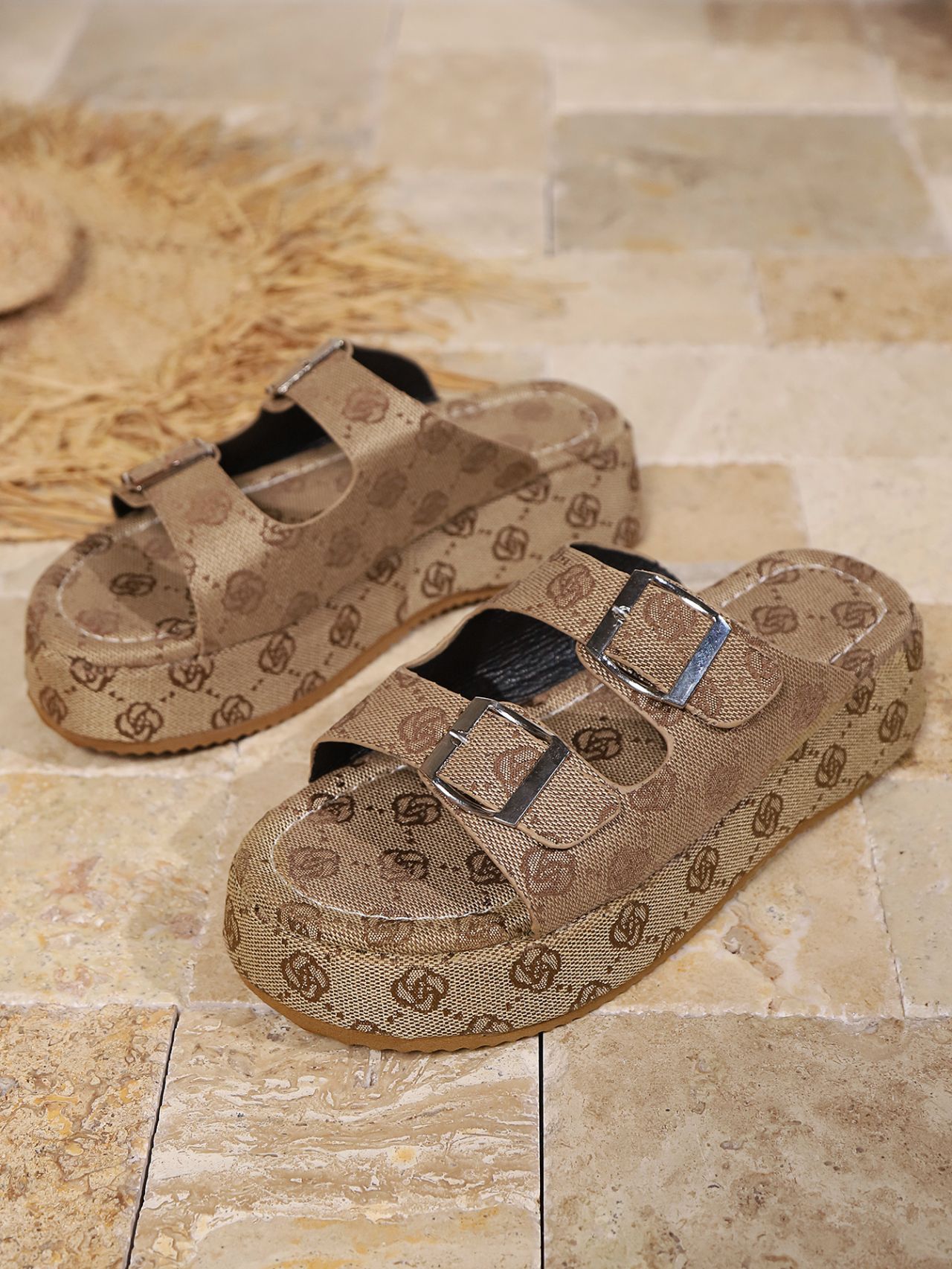 Women's Platform Slippers For Women Khaki Rose Canvas Shoes_voghion.com