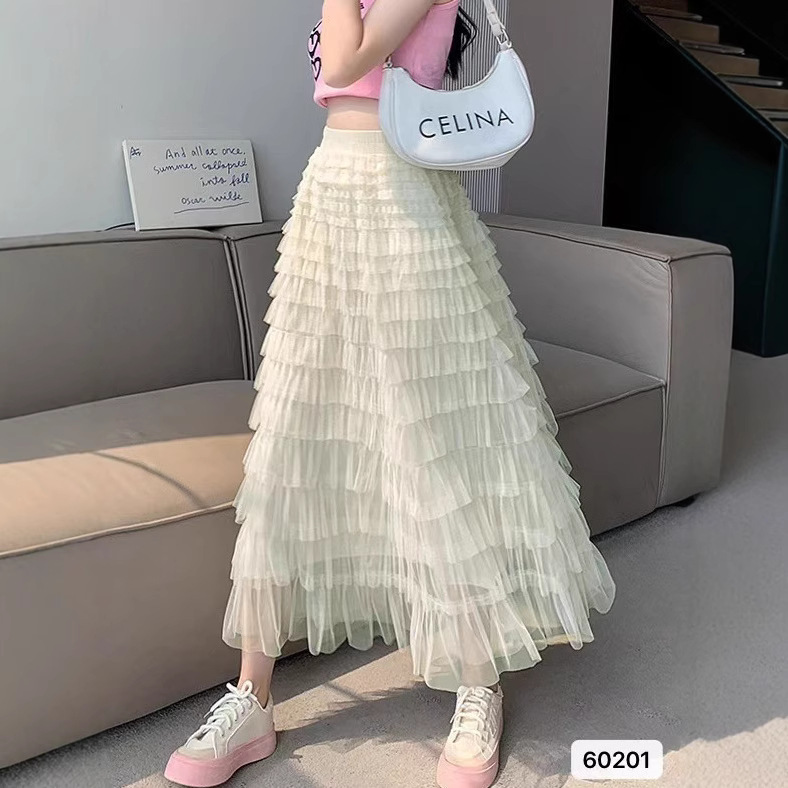 2025 New Summer High-End Long Gauze Skirt Mesh Skirt Women's Summer Fluffy Skirt
