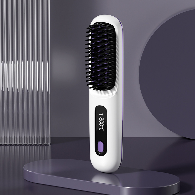 新しい LCD USB 充電式セラミック加熱電気コームヘアアイロンワイヤレスポータブルヘアストレートコーム 3 温度調整|undefined