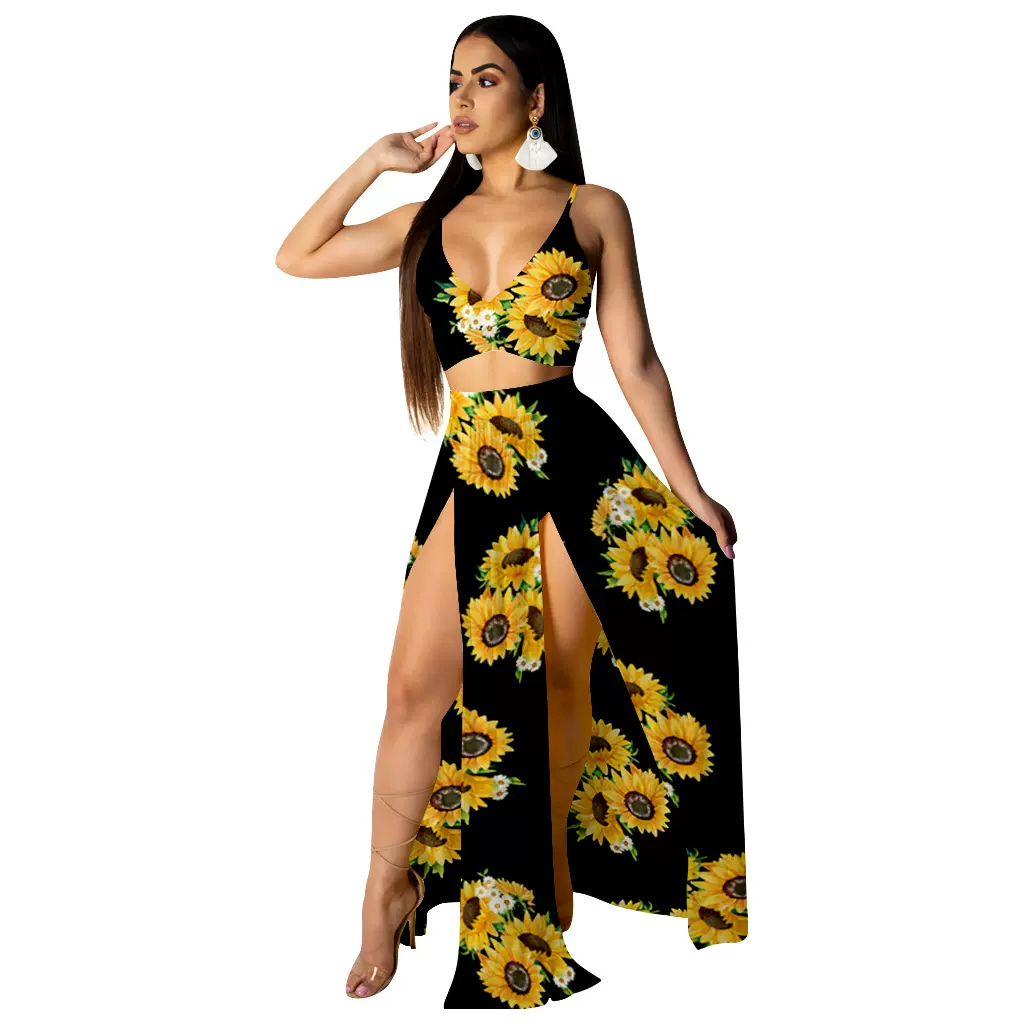 欧美跨境现货一件代发速卖通亚马逊时尚印花吊带上衣雪纺长裙套装