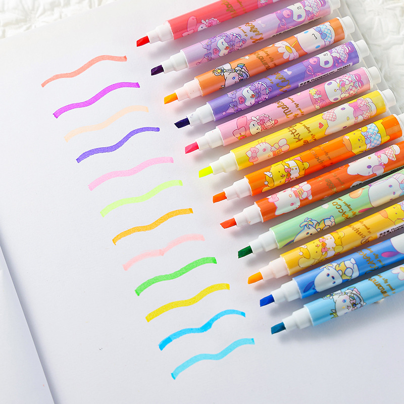 12 colores de dibujos animados bolsillo de resaltos lindos de alto valor de color protector de ojos color bolígrafo de cuentas de mano de los estudiantes marcadores clave
