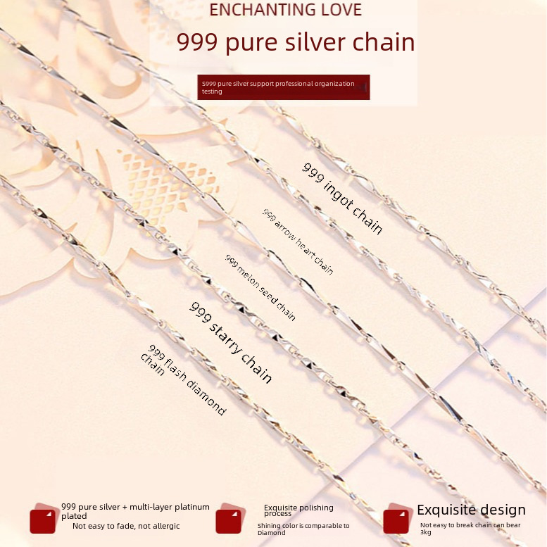Pure Silver 999 sterling silver necklace without pendant clavicle chain simple genuine goods 999 jewelry winter sweater chain wholesale