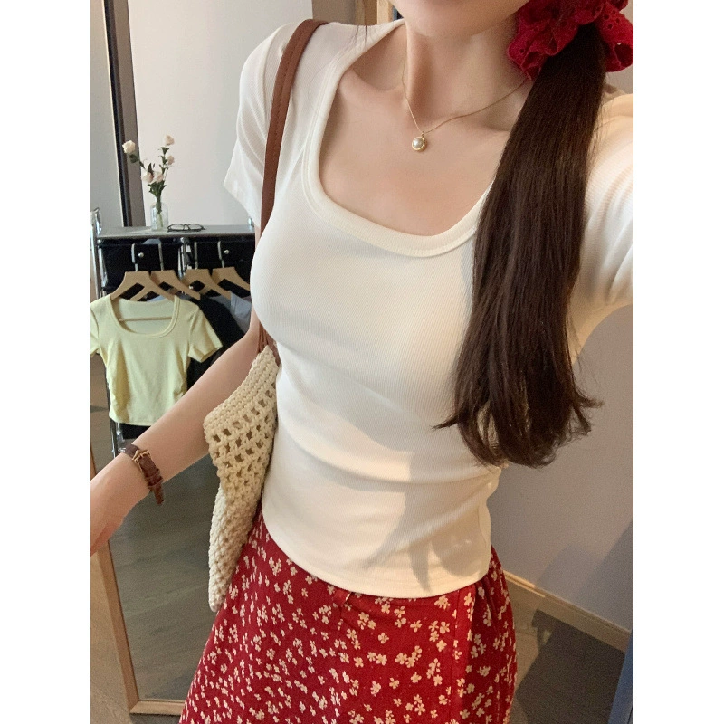 Реальная картинка корейского простого повседневного стиля U-образный воротник с короткими рукавами футболка женская 2025 лето новый желтый изысканный топ