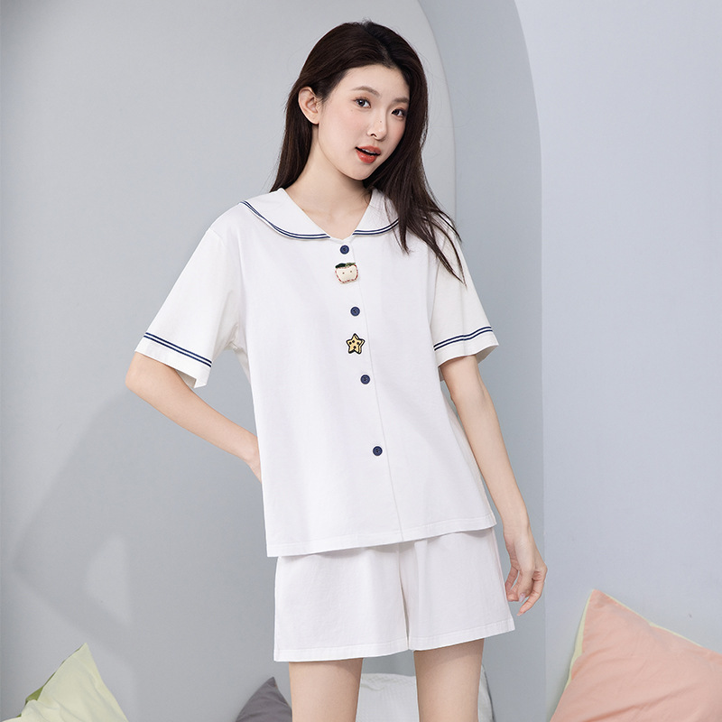 【精梳棉】睡衣女夏季纯棉精梳棉短袖短裤海军风可外穿家居服套装