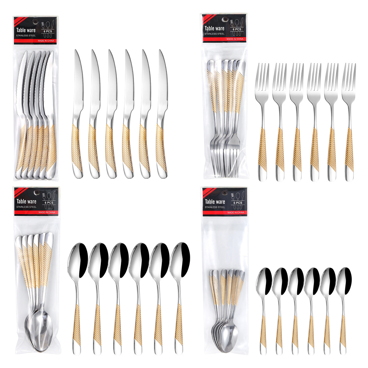Cruz-Frontera de Oriente Medio vajilla de acero inoxidable cuchillo de carne y tenedor cuchara bolsa de PVC 6-pack en relieve cuchillo chapado en oro, tenedor y juego de cuchara