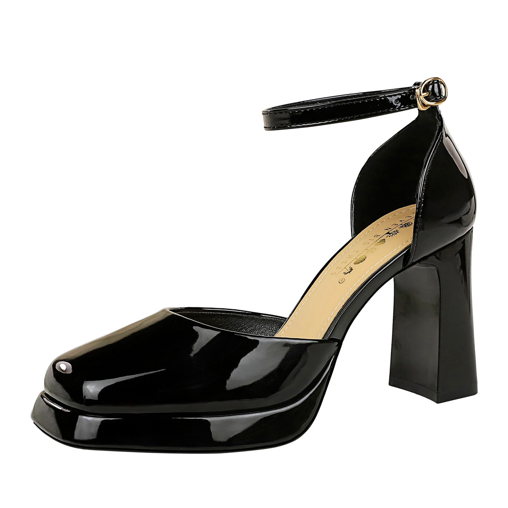 Women's Square Toe Hollow High Heel Sandals With Buckle Platform_voghion.com