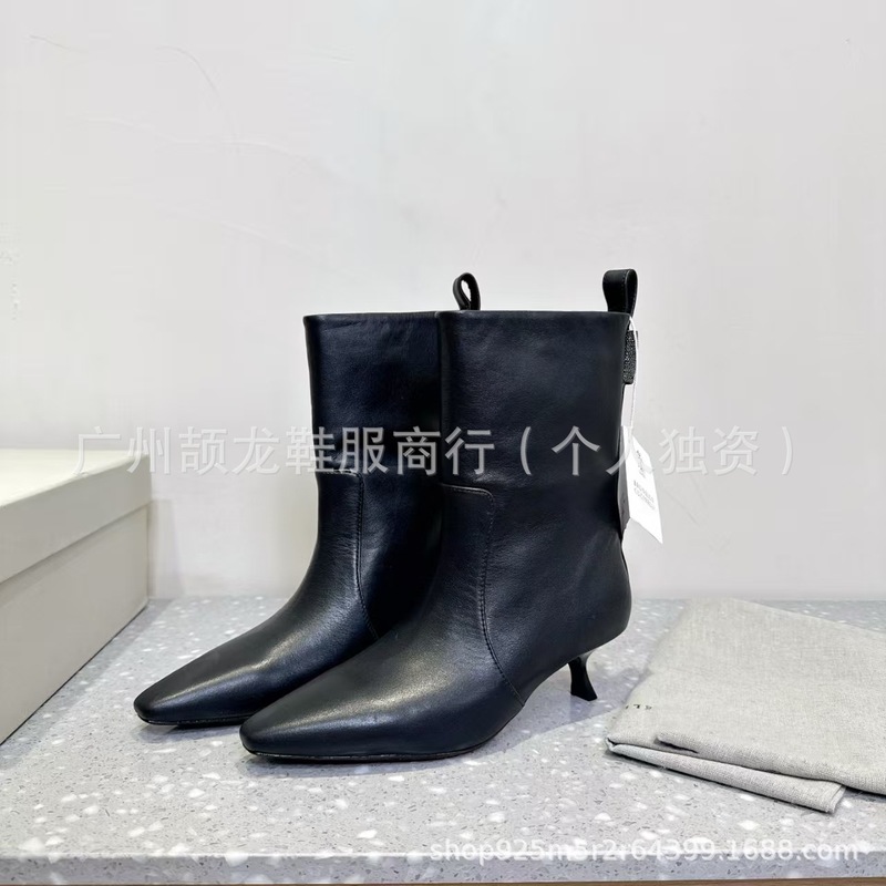 高端2025秋冬真皮尖头细跟高跟套筒瘦瘦靴时装单靴中跟短靴裸靴女|undefined