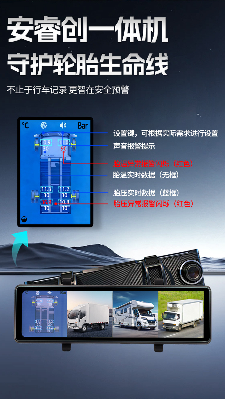 Anrui Chuang truck tire pressure and hub temperature monitor, external high-precision large screen, 2026 new model, specifically designed for six-wheeled light trucks