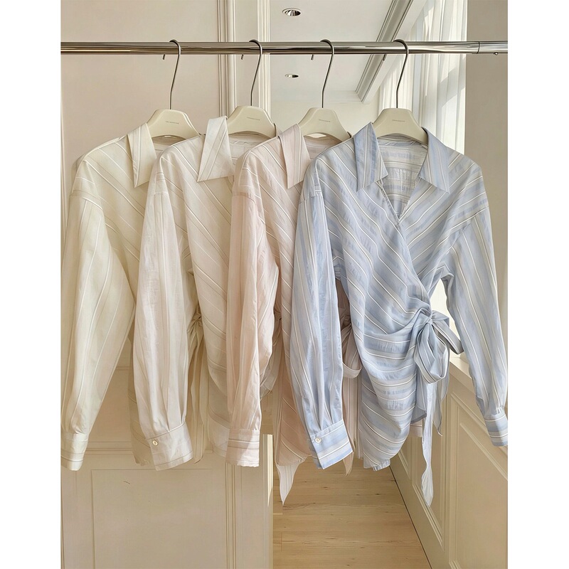 Design-Inspired Twill Tie-Waist Blue Striped Shirt for Women, Spring 2026, Unique and Chic Irregular Top, Trendy