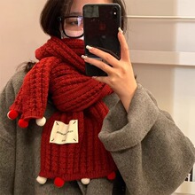 新年圣诞红围巾女秋冬针织毛线保暖时尚百搭2024新款学生围脖纯色