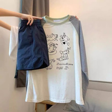 韩国东大门200斤大码卡通条纹长袖插肩T恤女早秋季显瘦上衣打底衫