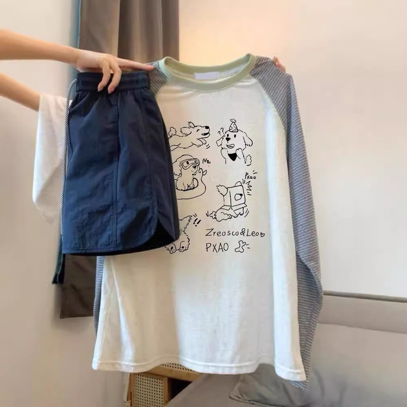 South Korea Dongdaemun 200kg plus size cartoon striped long sleeve raglan T-shirt women's early autumn slim jacket base shirt
