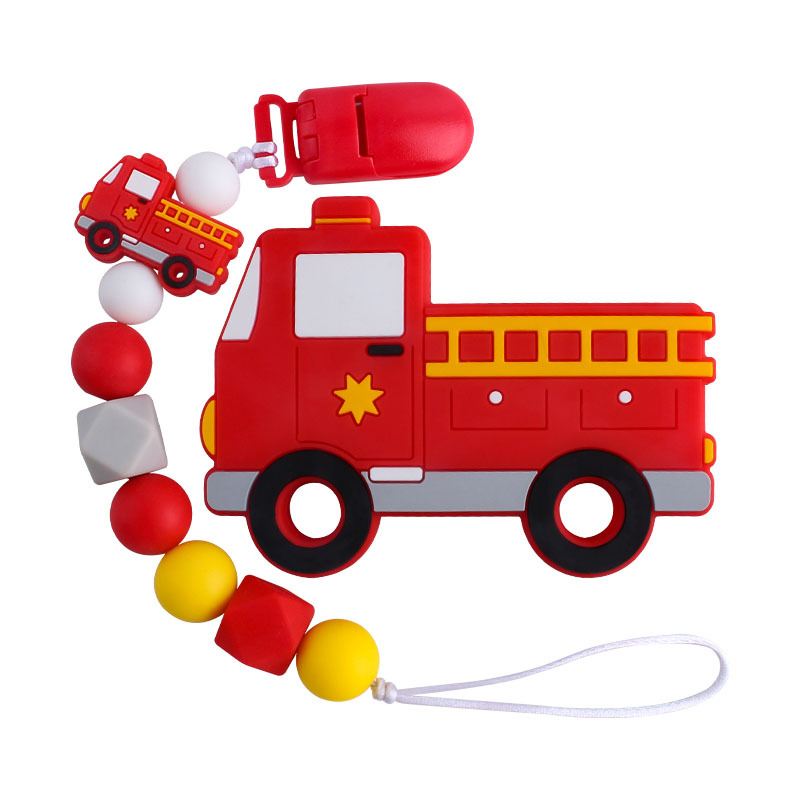 Suministros de bebé plástico clip duckbill camión bomberos juguete mordedor bebé calmante silicona chupete cadena dientes
