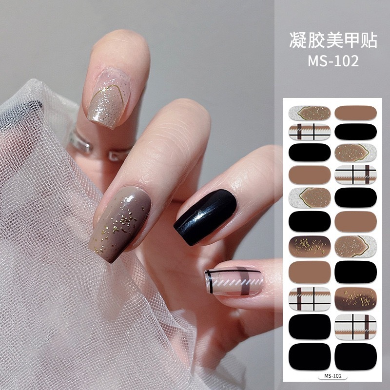 跨境22指法式美甲贴全贴印花闪粉防水免烤凝胶贴现货批发ins风|undefined