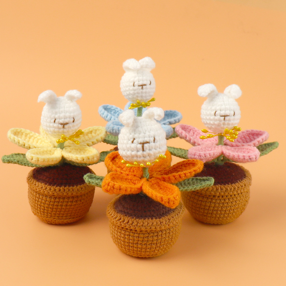 Cross-border hand-knitted animal dolls, flowers, rabbits, small potted plants, wool crocheted night lights, bedroom desktop ornaments