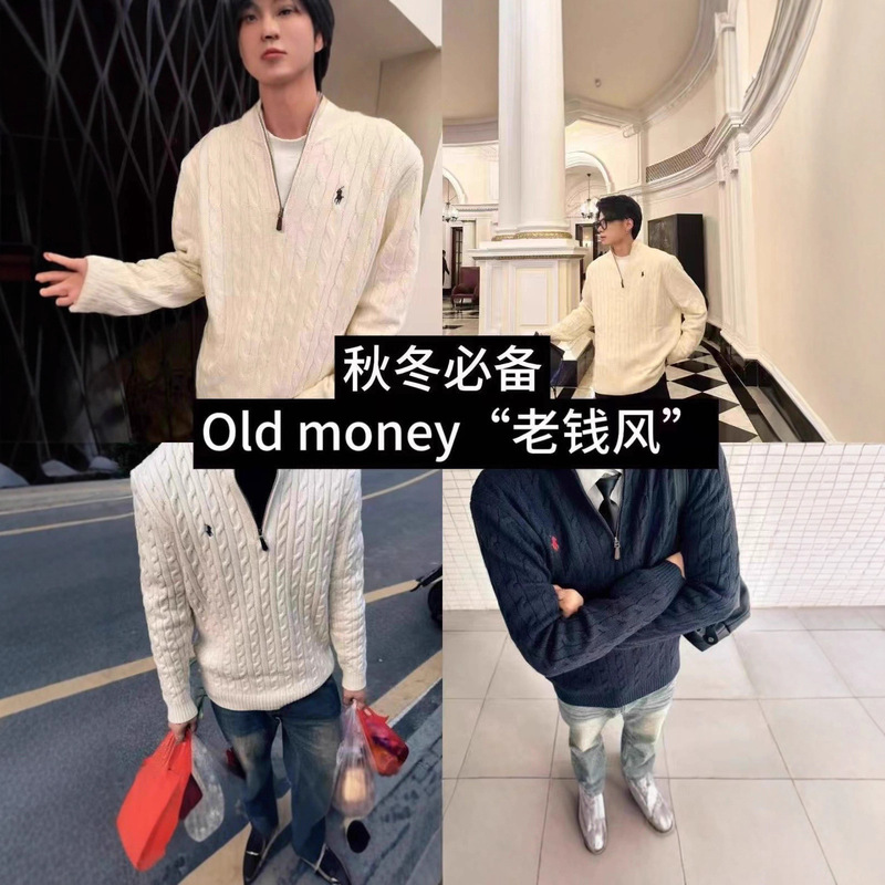 100% Cotton Rl Ralph Lauren Logo Autumn and Winter Cable Knit Couple Half-Zip Sweater Men's Sweater Women's Stand Collar Embroidery