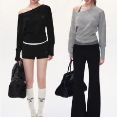 ANDYET AD1 袖長袖 Tシャツレディースファッションスウェットパンツスーツ怠惰な気質 2 点セット工場直販