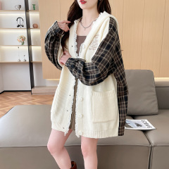韩版外套口袋连帽格子拼接毛衣女秋冬新款针织衫长袖宽松休闲外搭