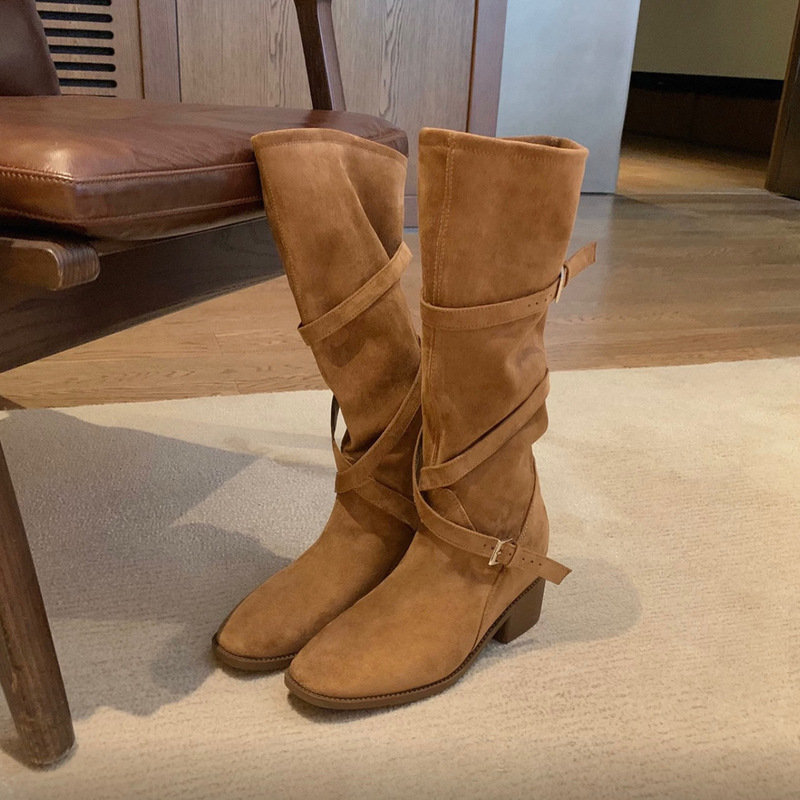 Cowhide Version ~ Grape Ma's Same Style Height-Increasing 7cm Boots for Women with Long Legs, Cross-Strap Thick-Heeled Knight Boots, High-Heeled Boots