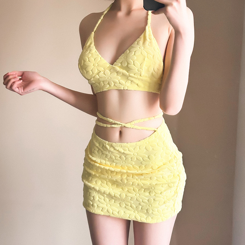 Thailand Cross-border Exclusive Towel Fabric Beach Vacation Hot Spring Bikini Separate Swimsuit Women's Bustier Skirt